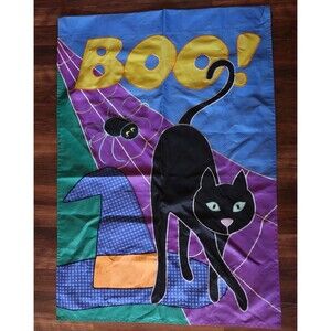Jetmax Vintage Black Cat Boo Witch Hat Halloween Decorative Outdoor Flag 27x39